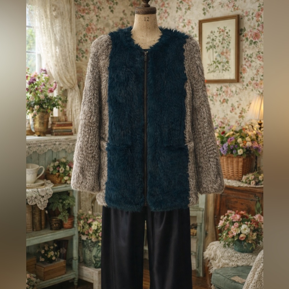 Elizabeth & James Rabbit Fur Jacket, In a Grey & Teal Size XS/S